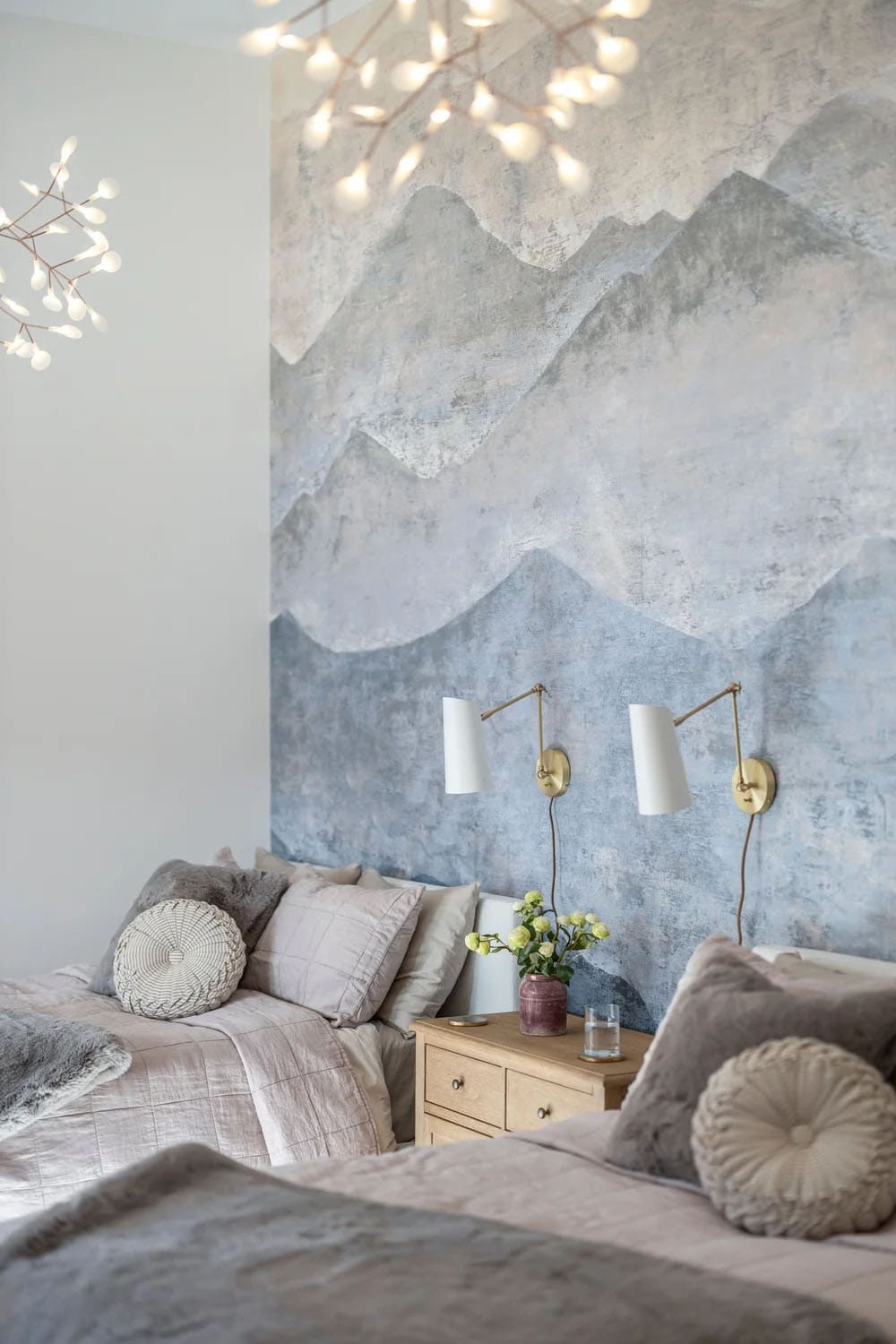 farmhouse style bedroom with a wall mural accent wall