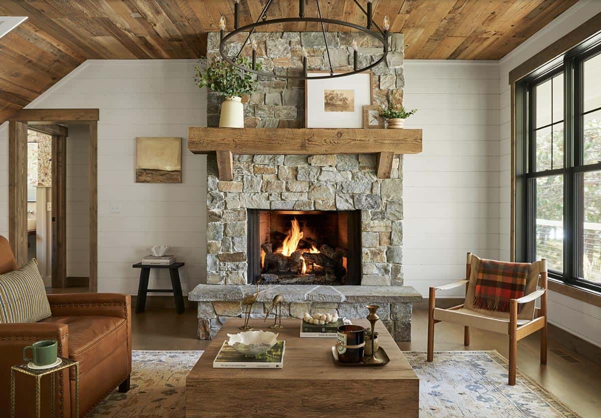 rustic living room with a fireplace