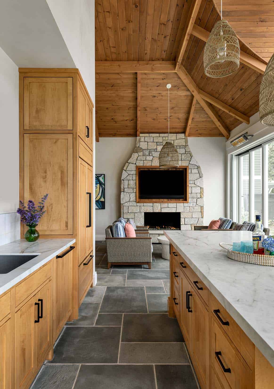beach style kitchen looking towards the living room