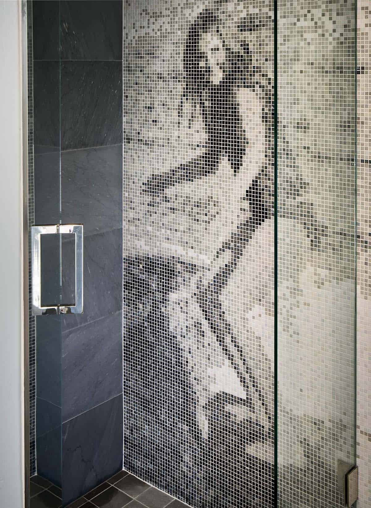 modern bathroom shower with a wall tile mural