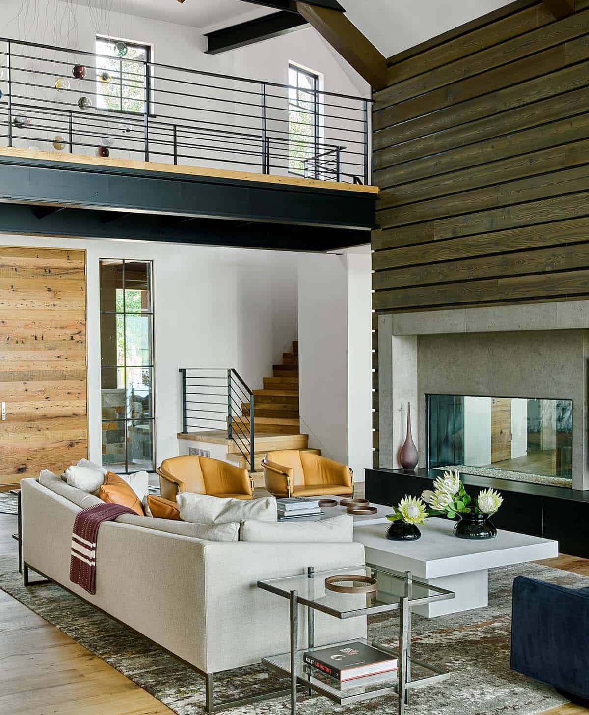 modern rustic living room with a fireplace