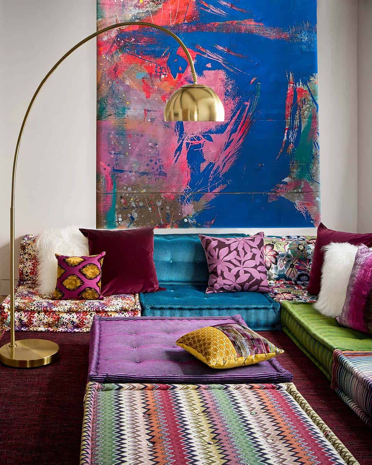 modern family room with a colorful sectional sofa