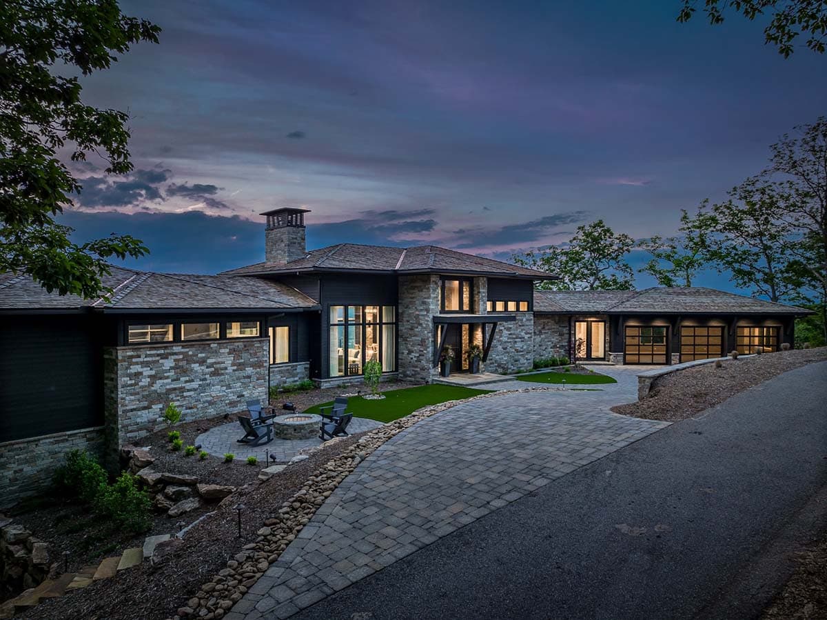 mountain home exterior at dusk