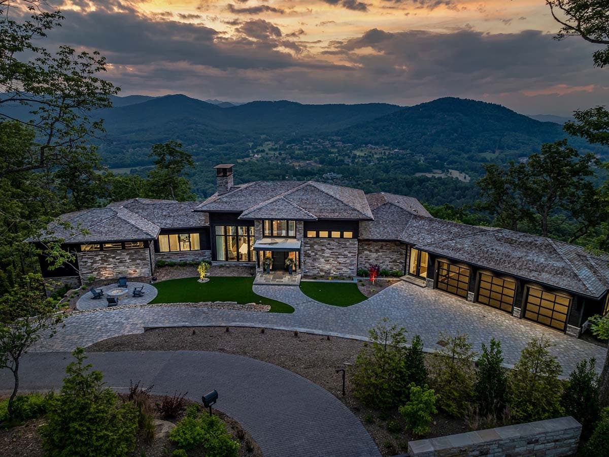 mountain home exterior at dusk