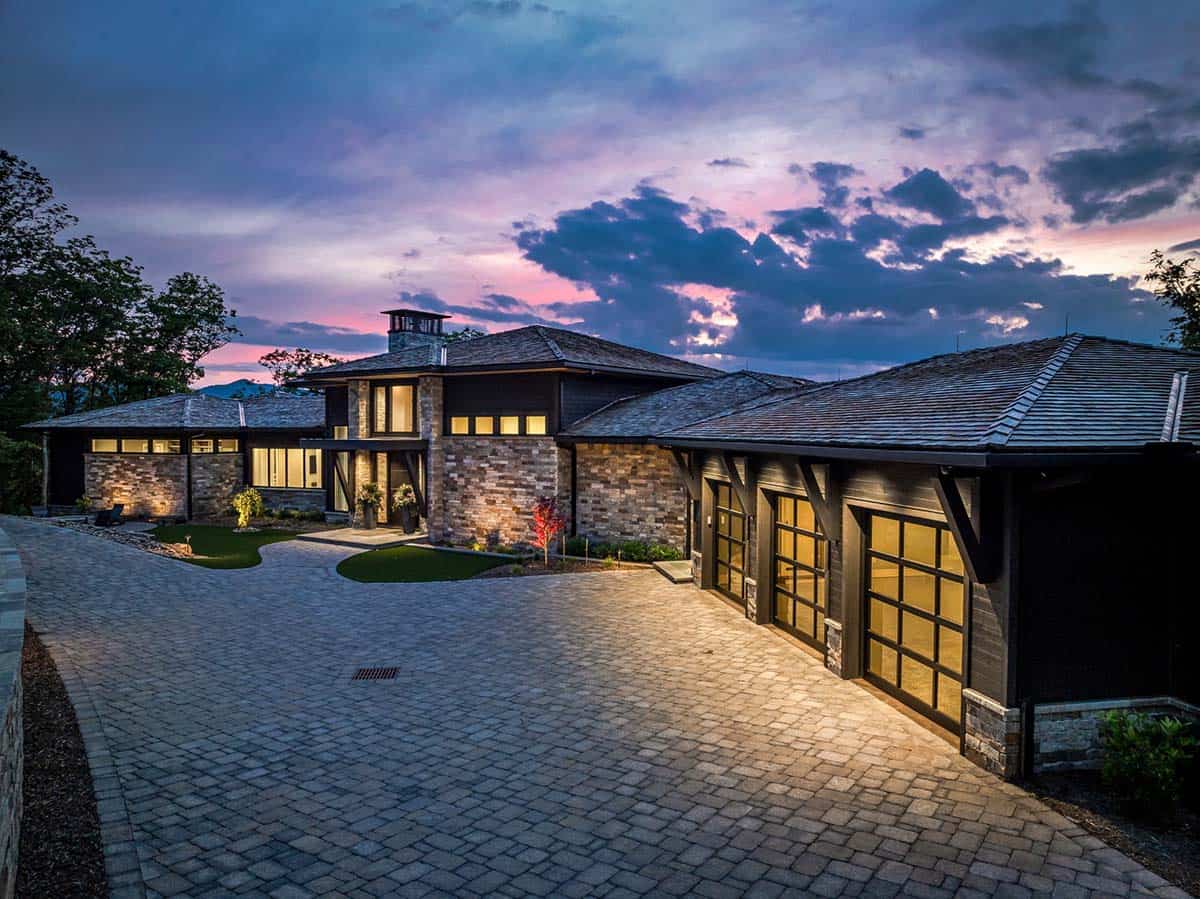 mountain home exterior at dusk