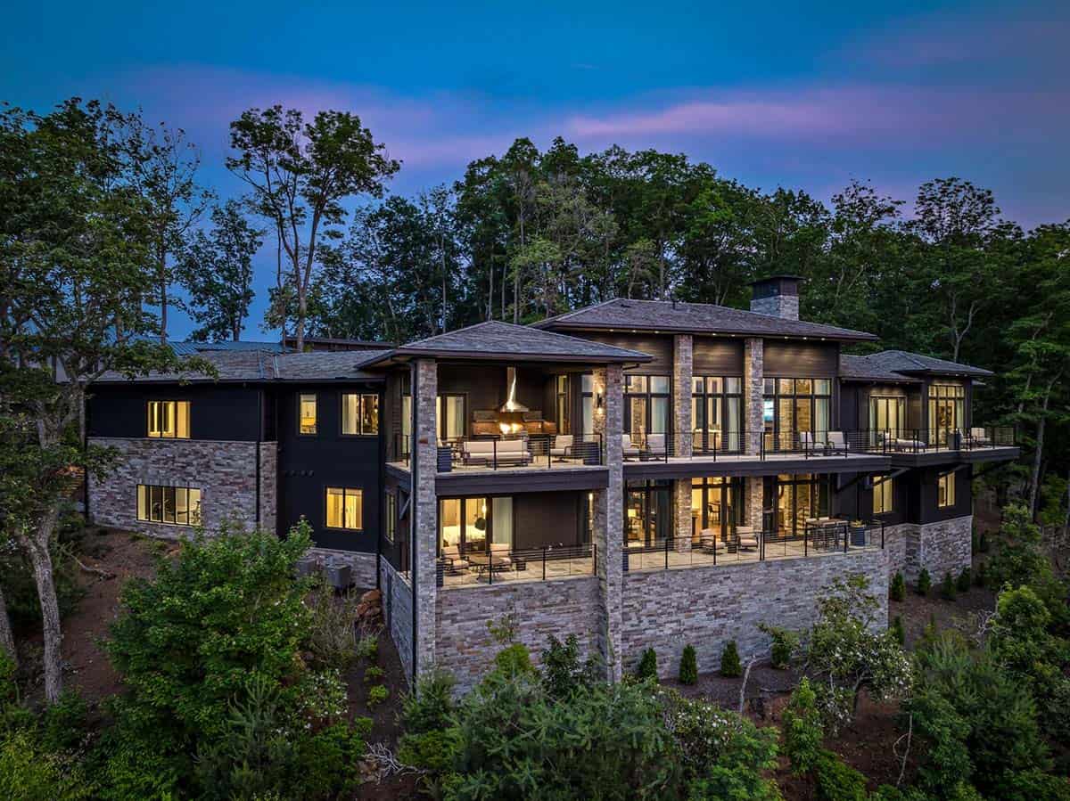 mountain home exterior at dusk