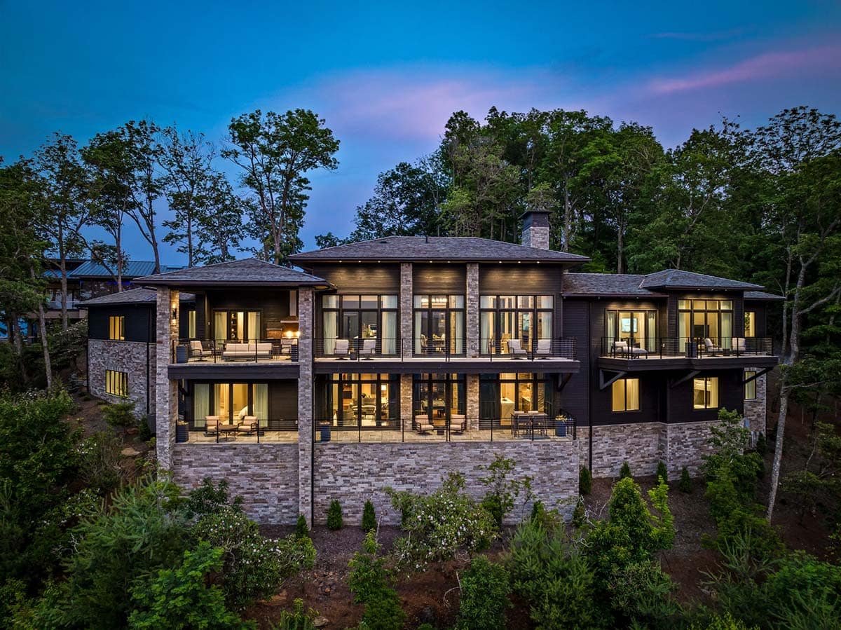 mountain home exterior at dusk