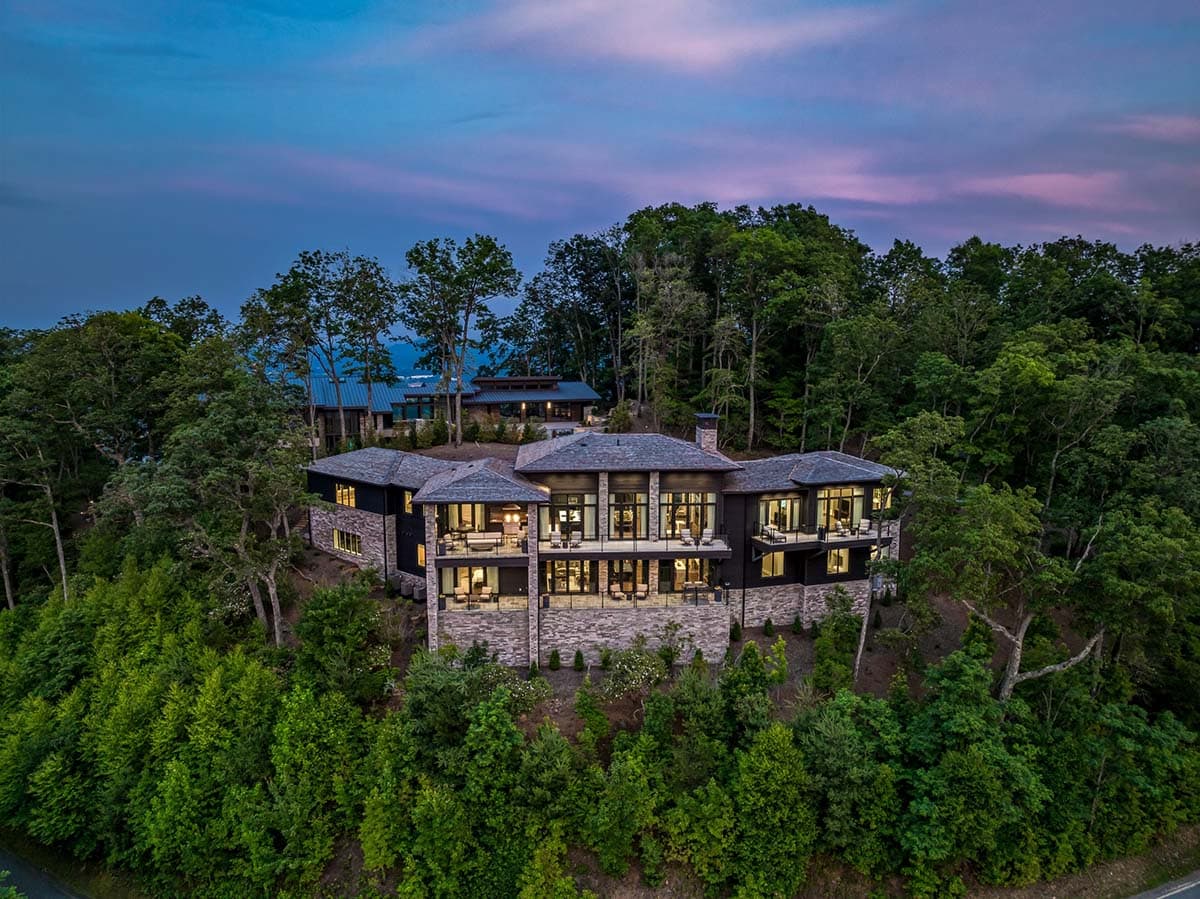 mountain home exterior at dusk