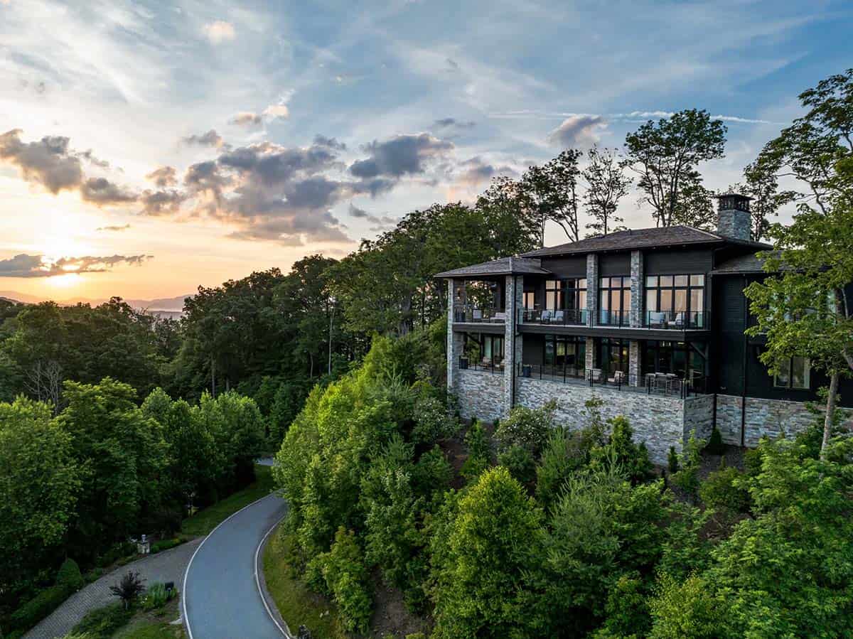 mountain home exterior at dusk