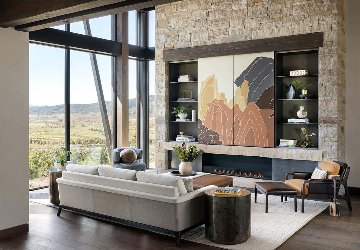 modern living room with a fireplace
