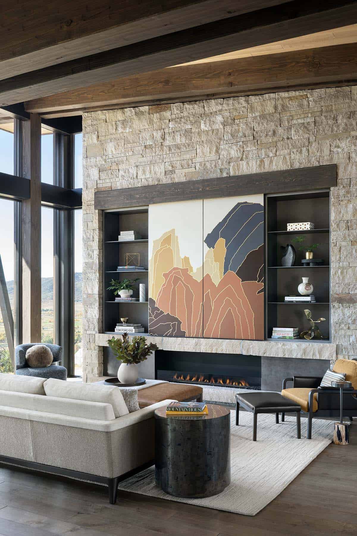 modern living room with a fireplace