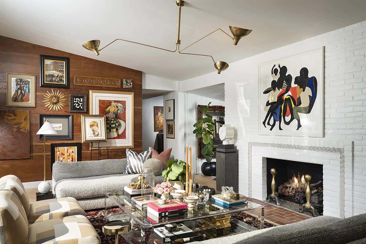 mid-century modern living room with a fireplace