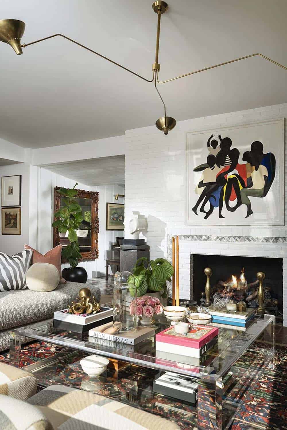 mid-century modern living room with a fireplace