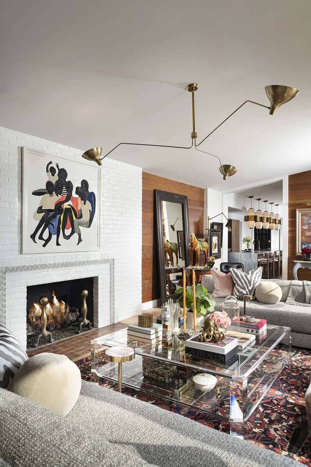 mid-century modern living room with a fireplace