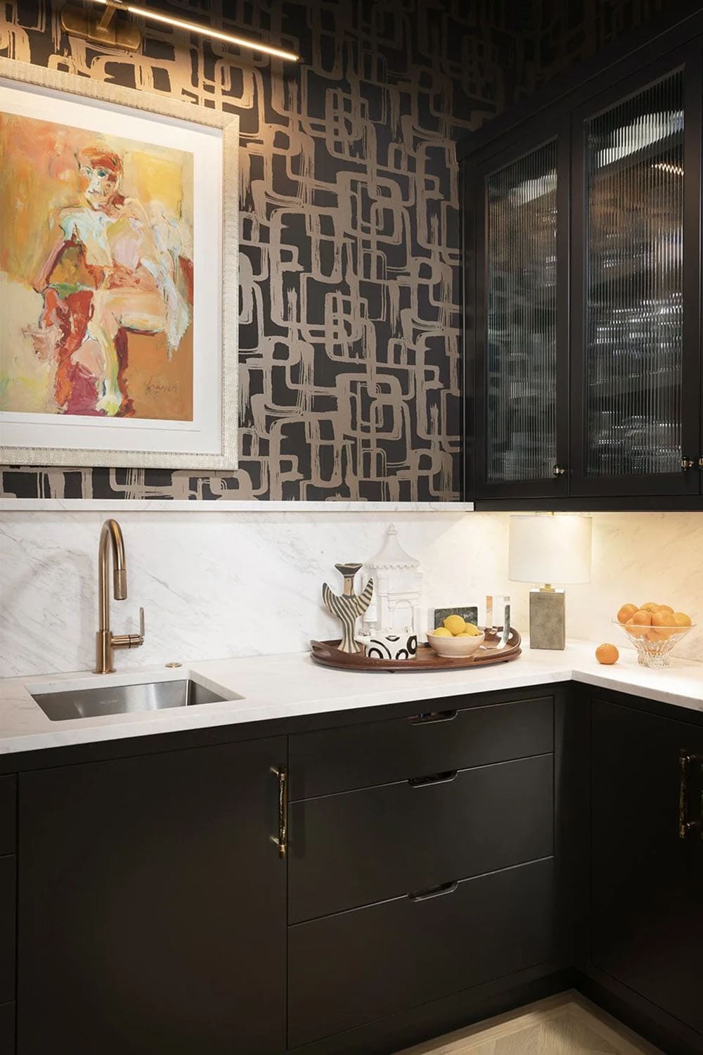mid-century modern walk-in pantry with a sink