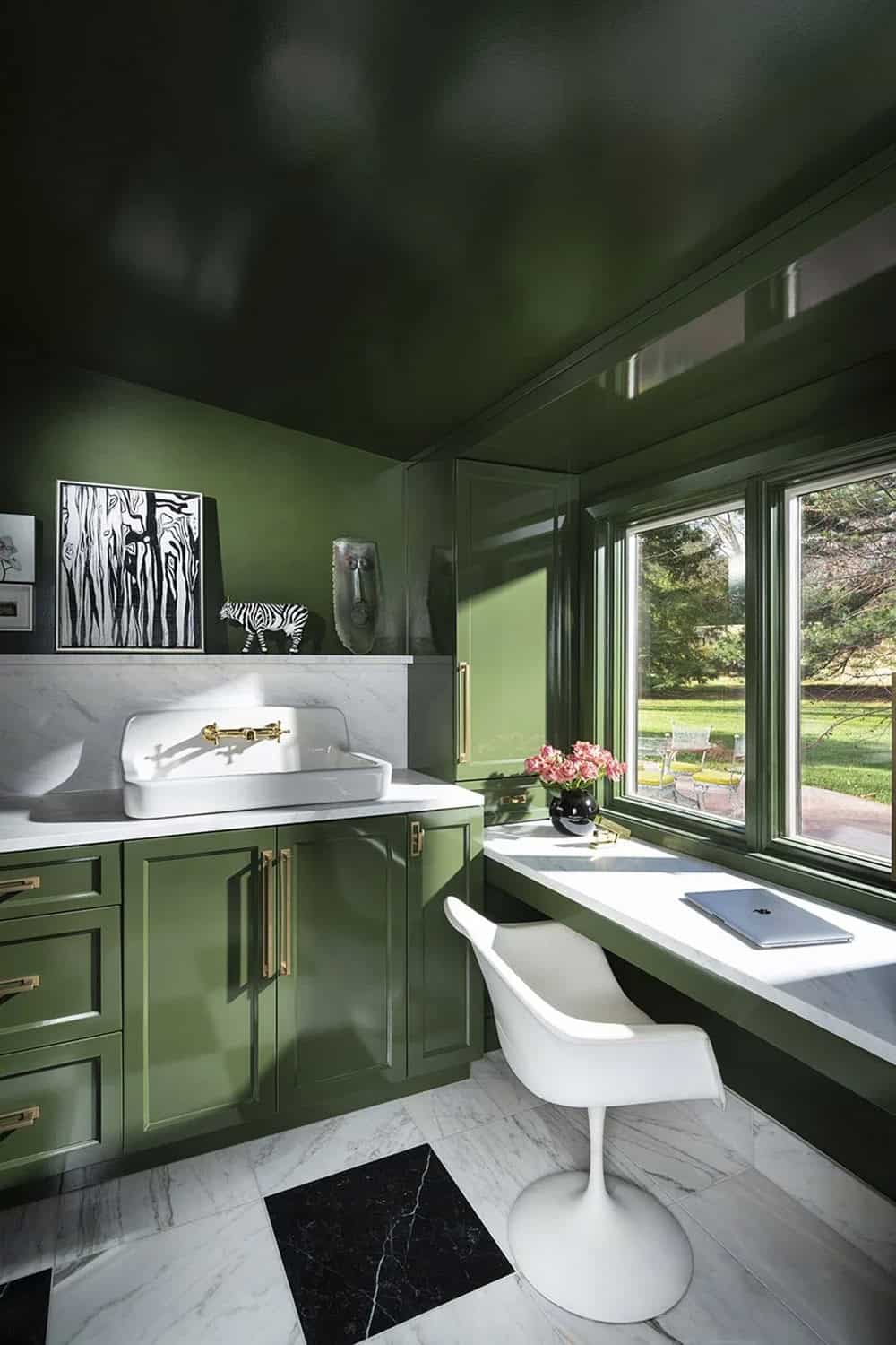 mid-century modern laundry room with a work desk