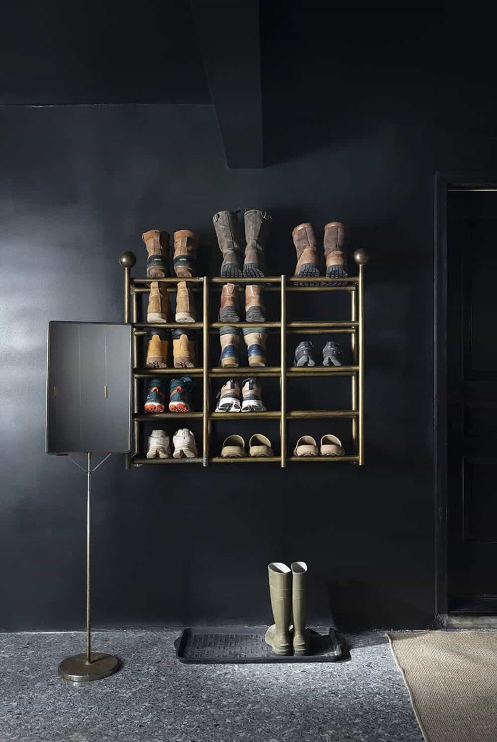 mid-century modern mudroom with wall storage cabinets
