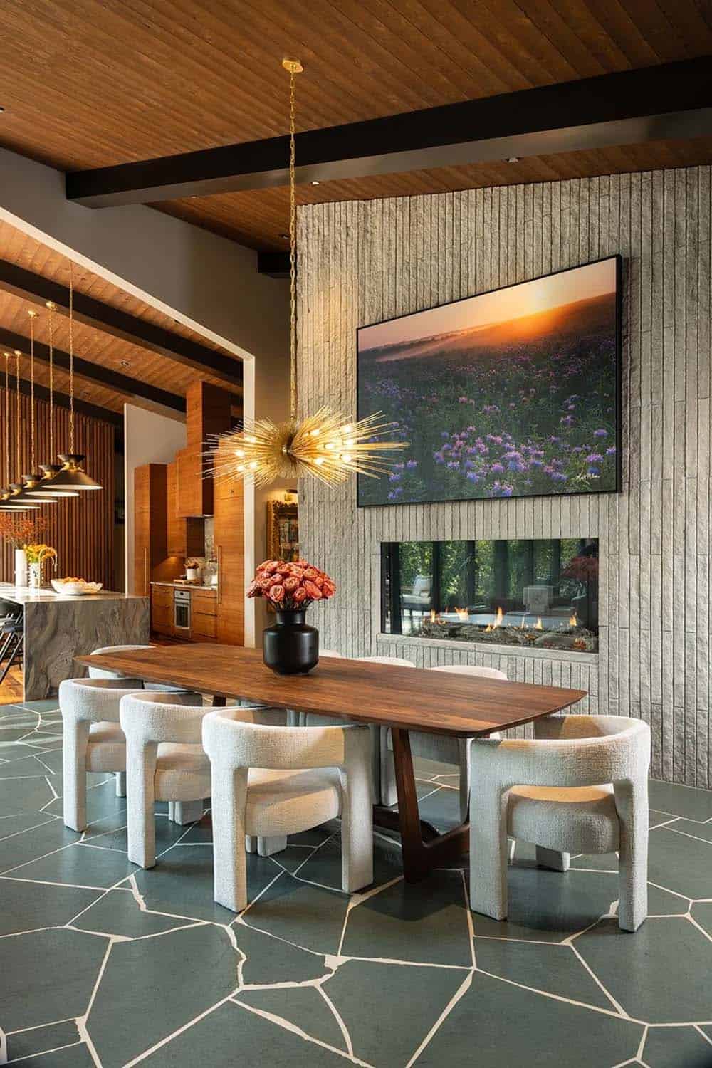 midcentury modern dining room with a fireplace