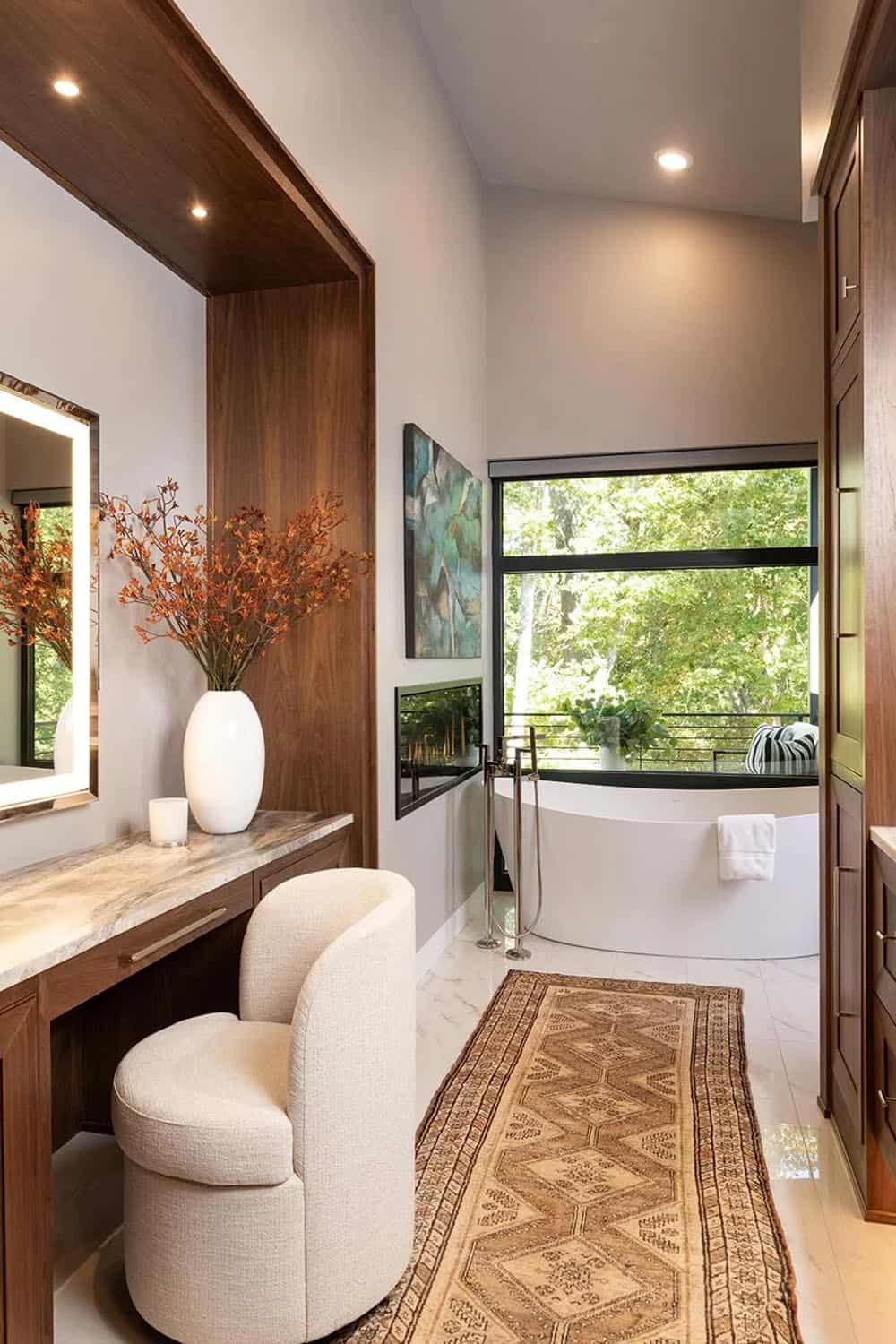 midcentury modern bathroom with a makeup vanity