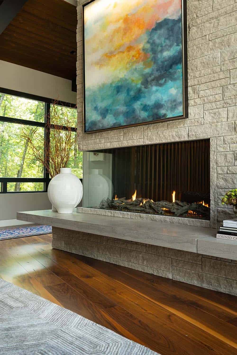 midcentury modern family room with a fireplace