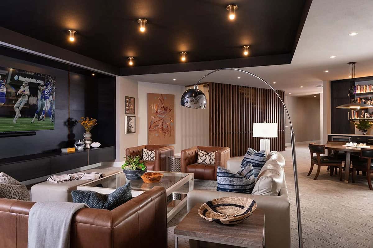 midcentury modern lower-level family room