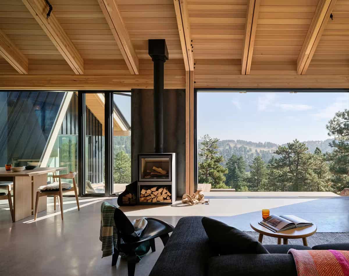 modern living room with a wood-burning stover