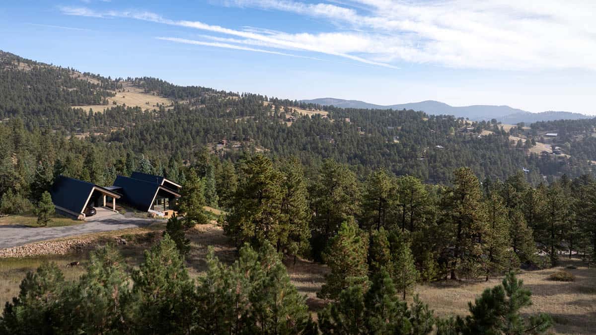 modern alpine cabin exterior aerial view