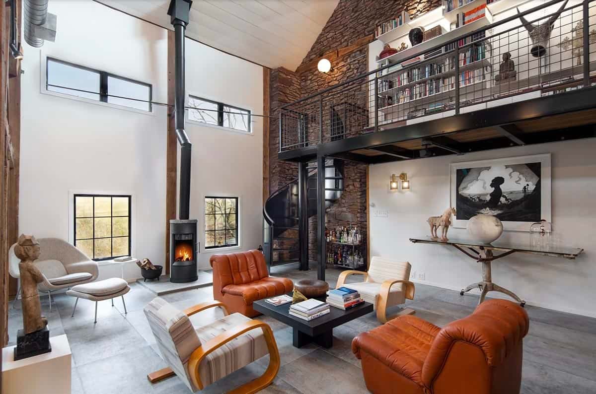 modern barn style living room with a fire stove
