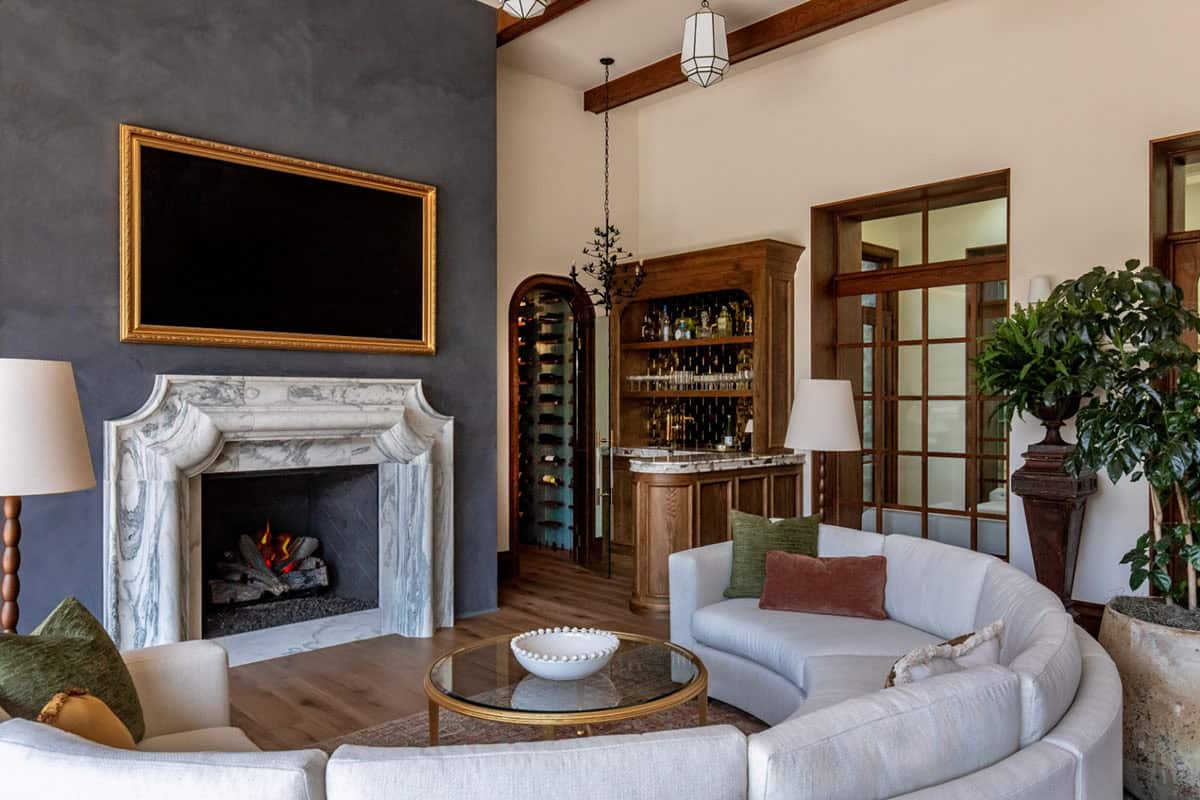 modern family room with a fireplace