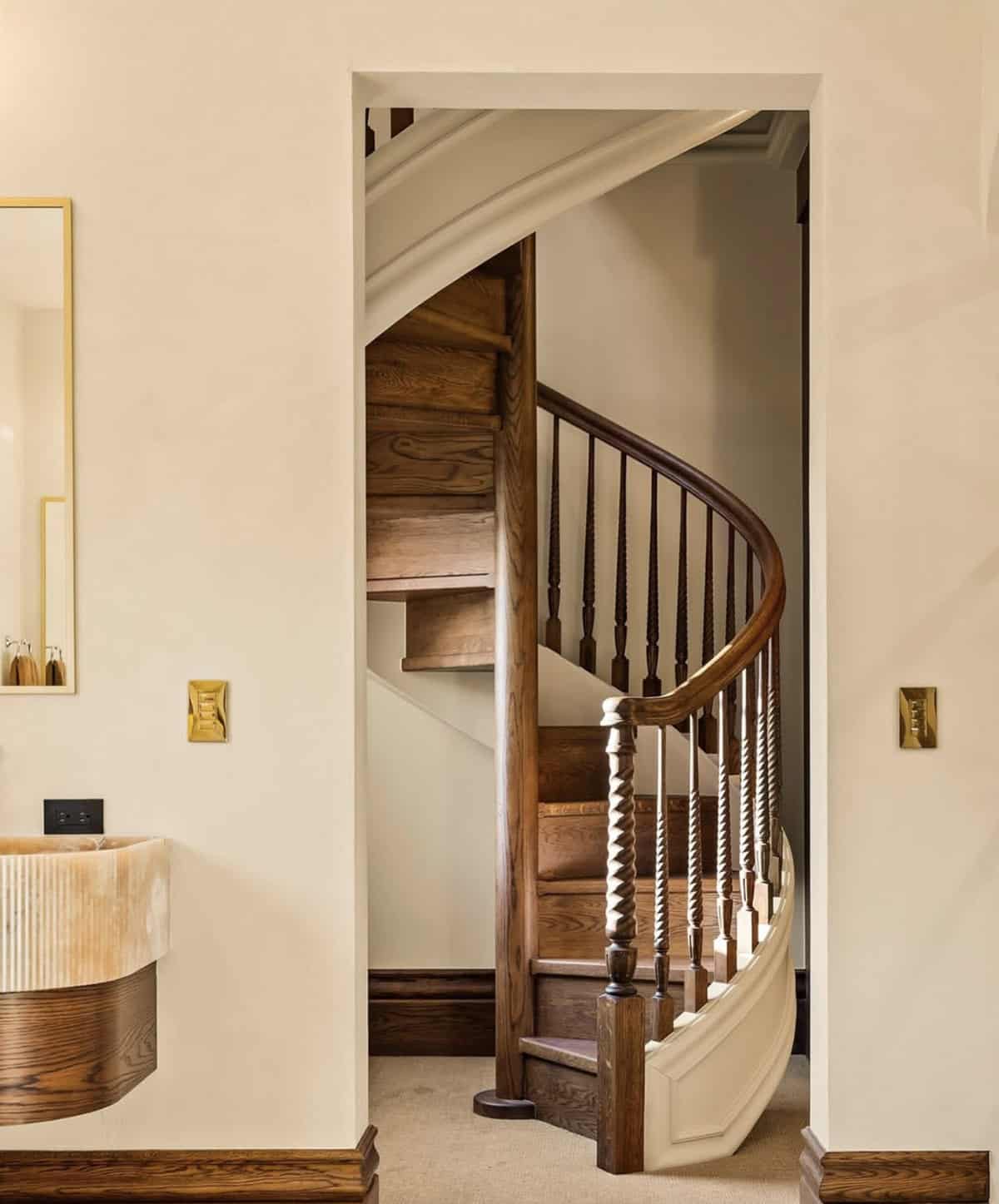 modern closet with a spiral staircase
