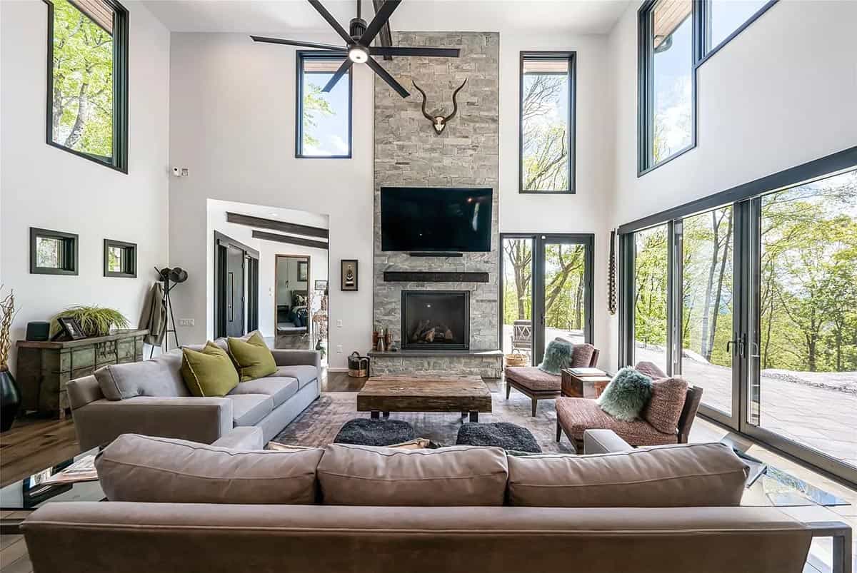 modern living room with a fireplace