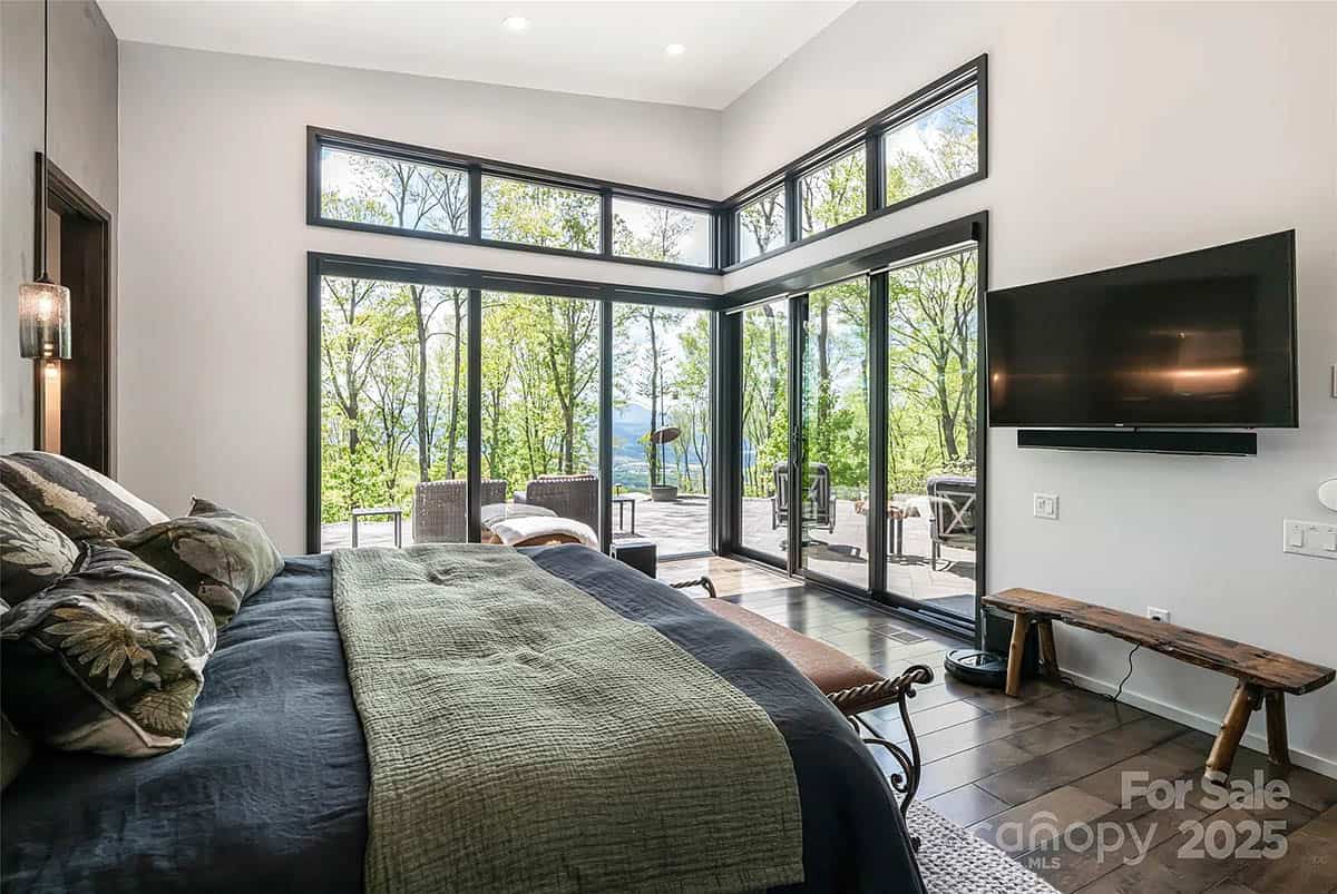 modern bedroom with a wall of glass
