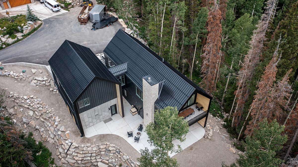 modern scandinavian mountain cabin exterior aerial view