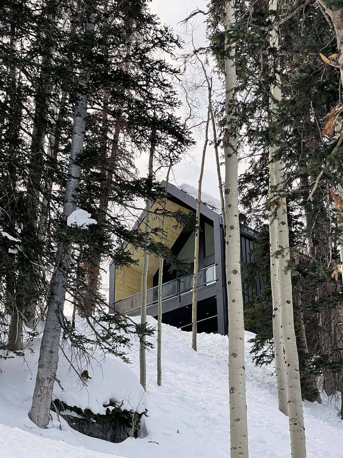 modern scandinavian mountain cabin exterior with snow