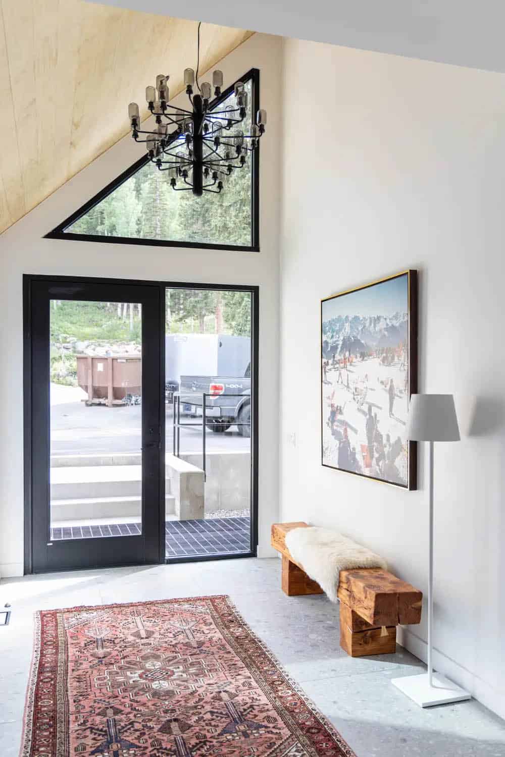 modern scandinavian mountain cabin entry