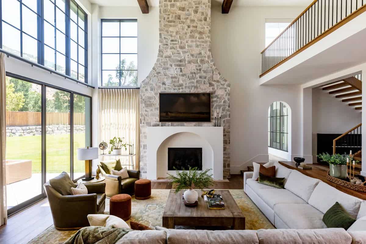 modern scandinavian style living room with a fireplace