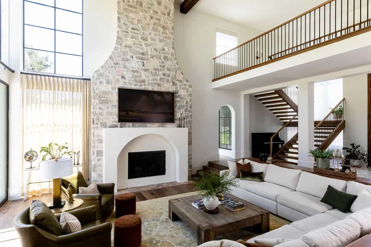 modern scandinavian style living room with a fireplace