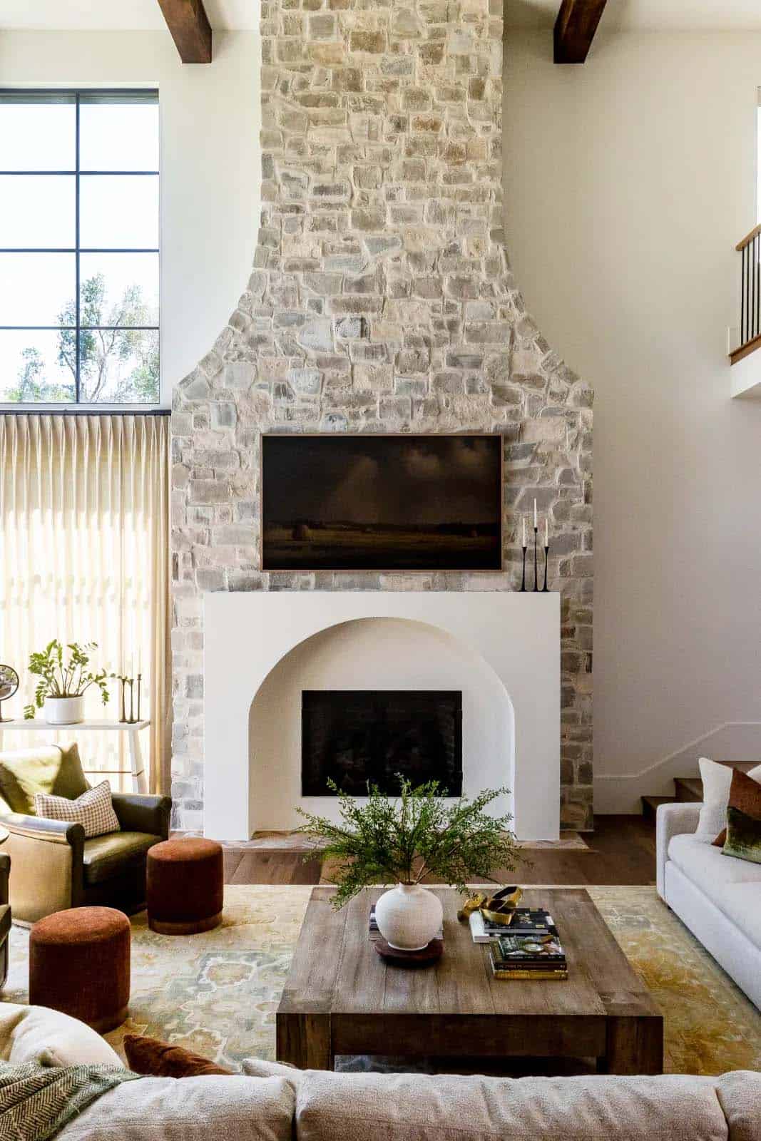 modern scandinavian style living room with a fireplace