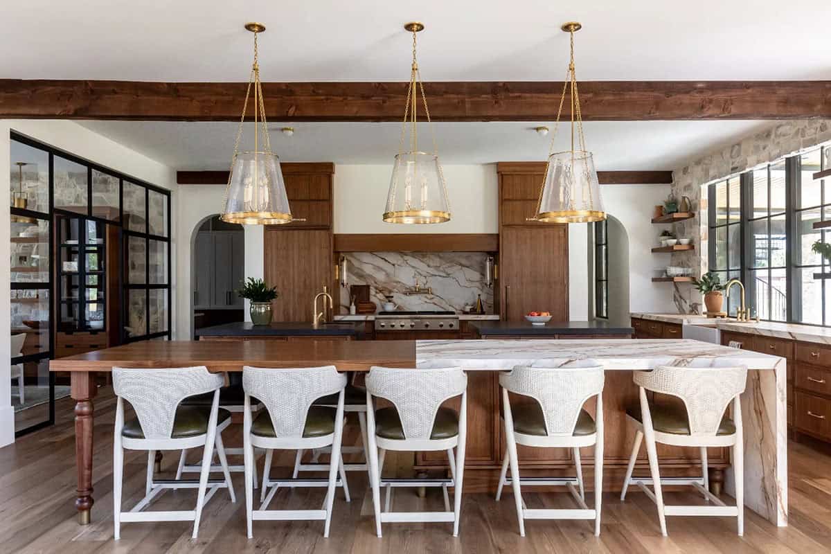modern scandinavian style kitchen with large pendant lights