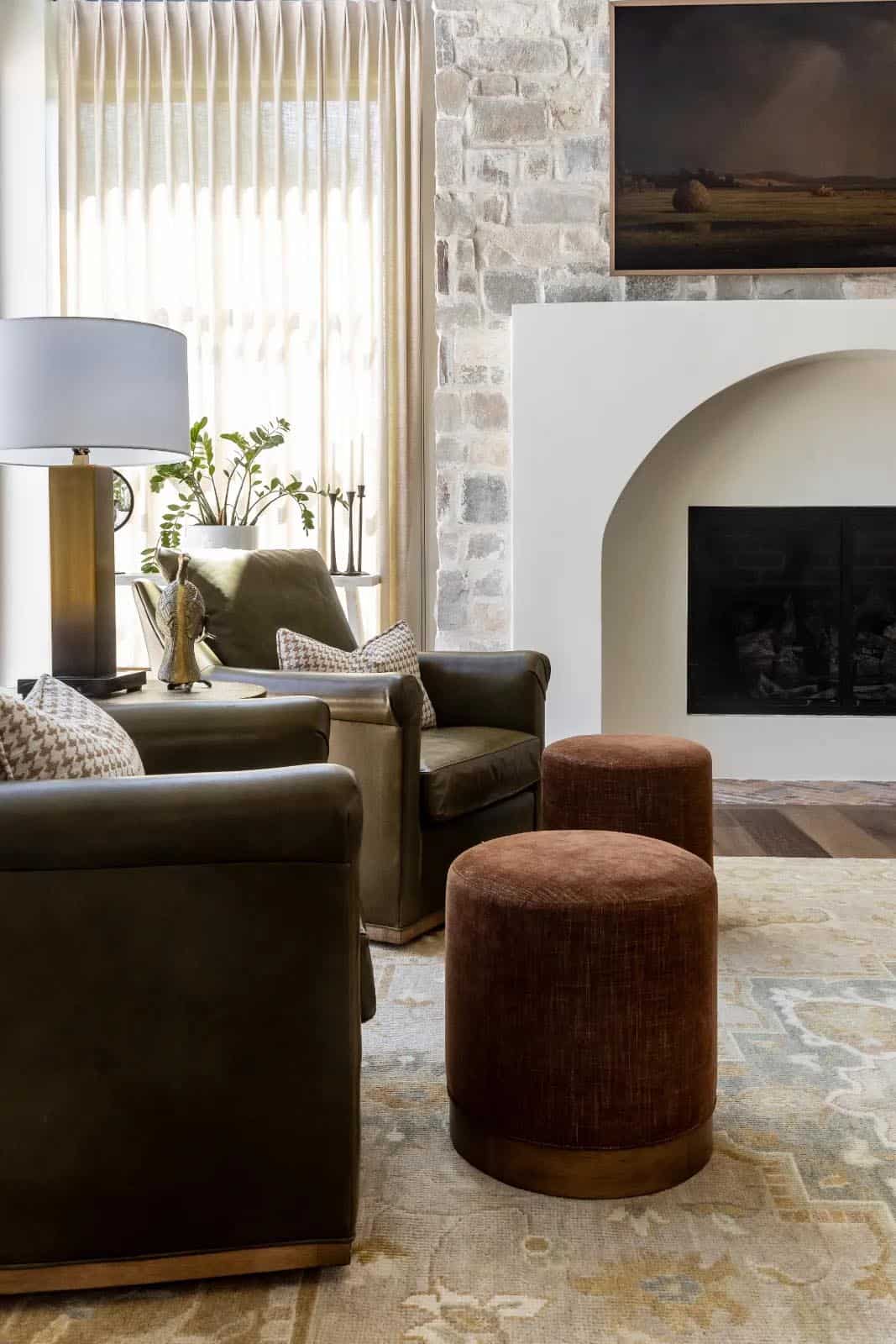 modern scandinavian style living room with a fireplace