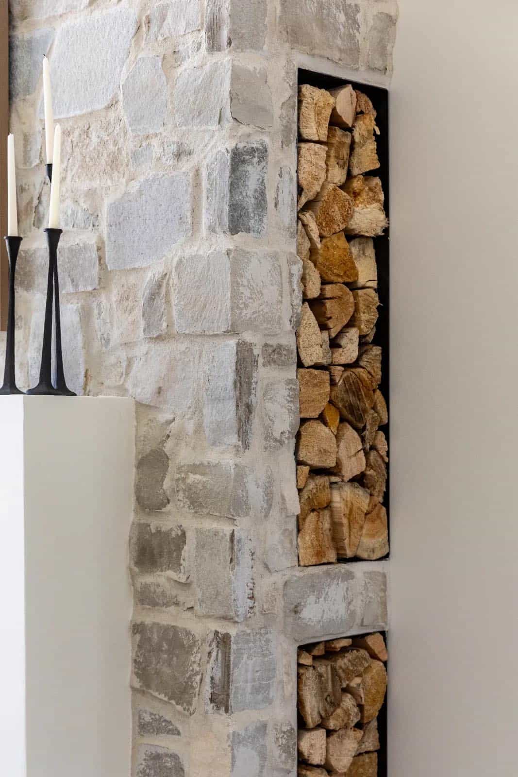 modern scandinavian style family room fireplace detail