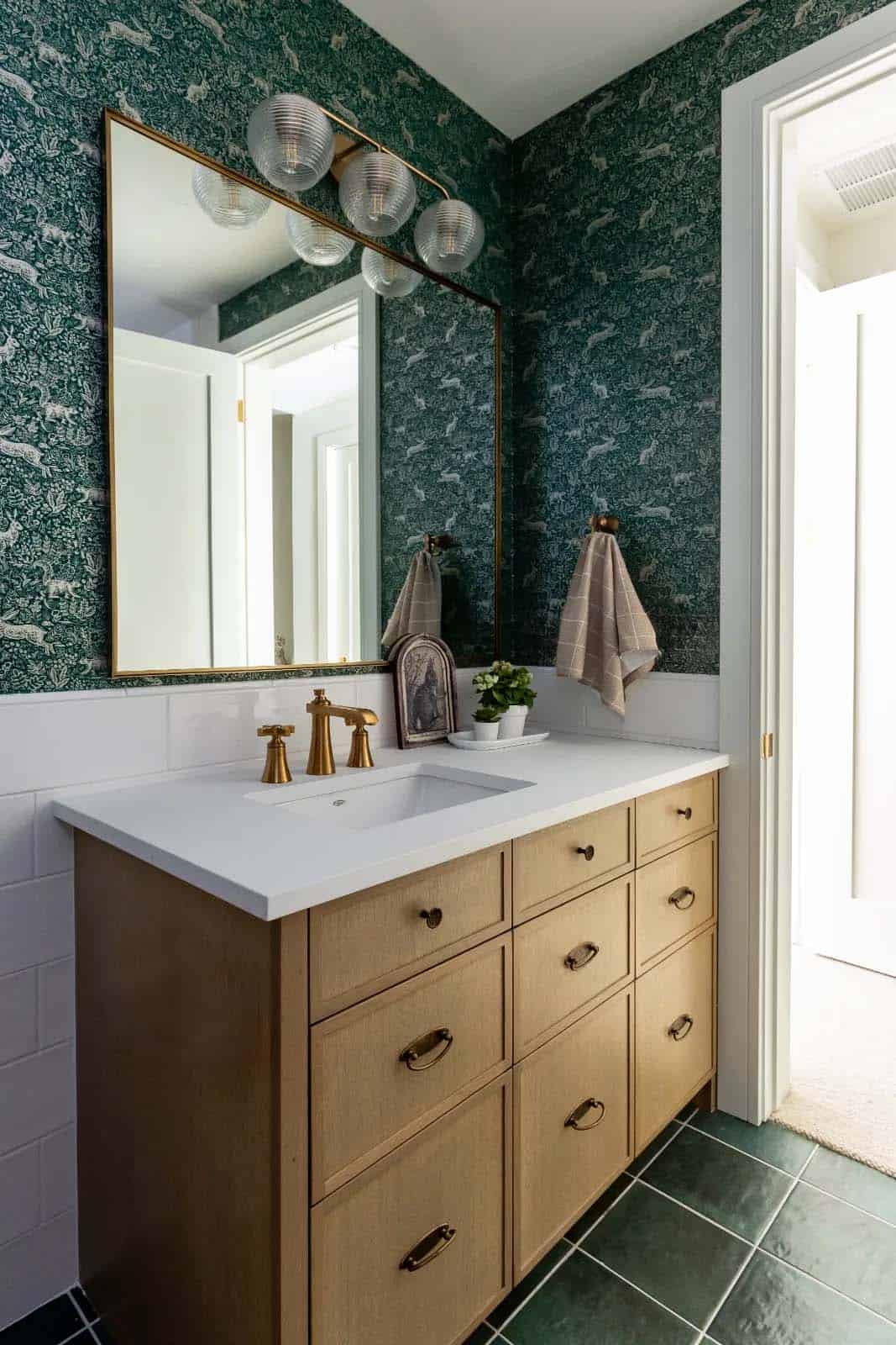 modern scandinavian style bathroom with wallpaper