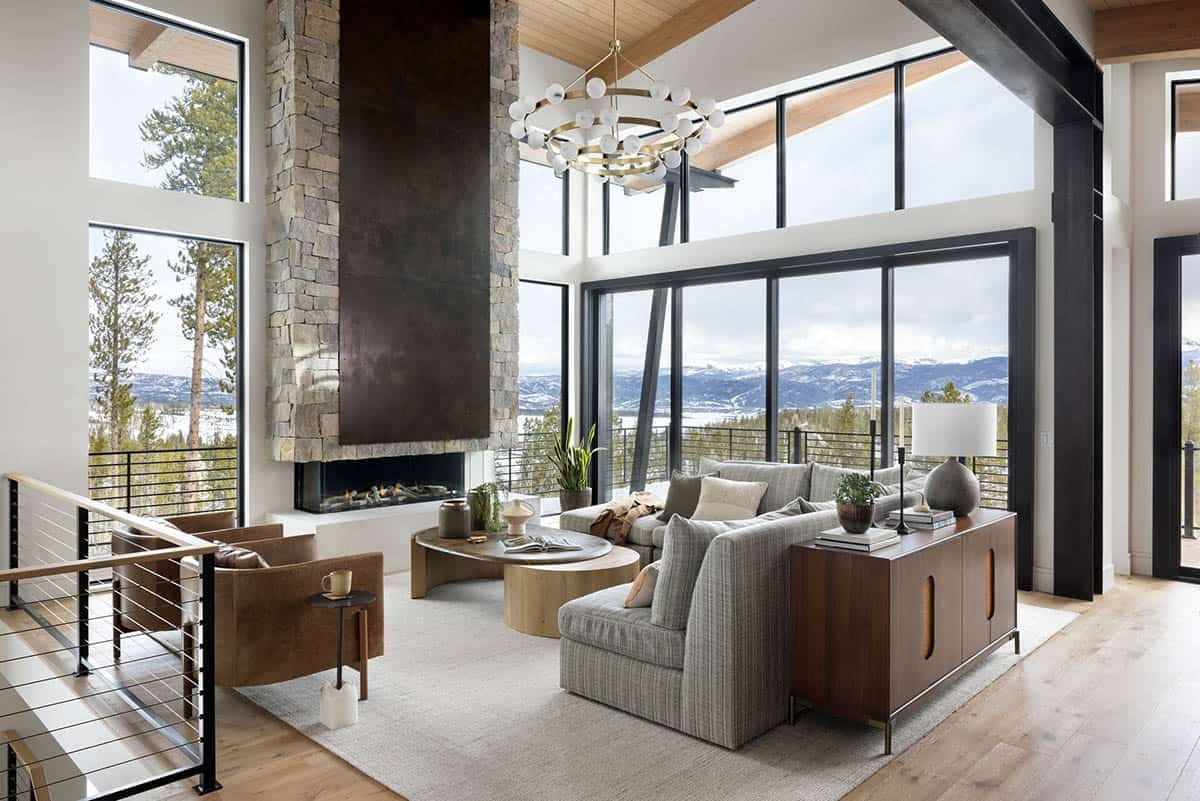 contemporary living room with a fireplace and large windows