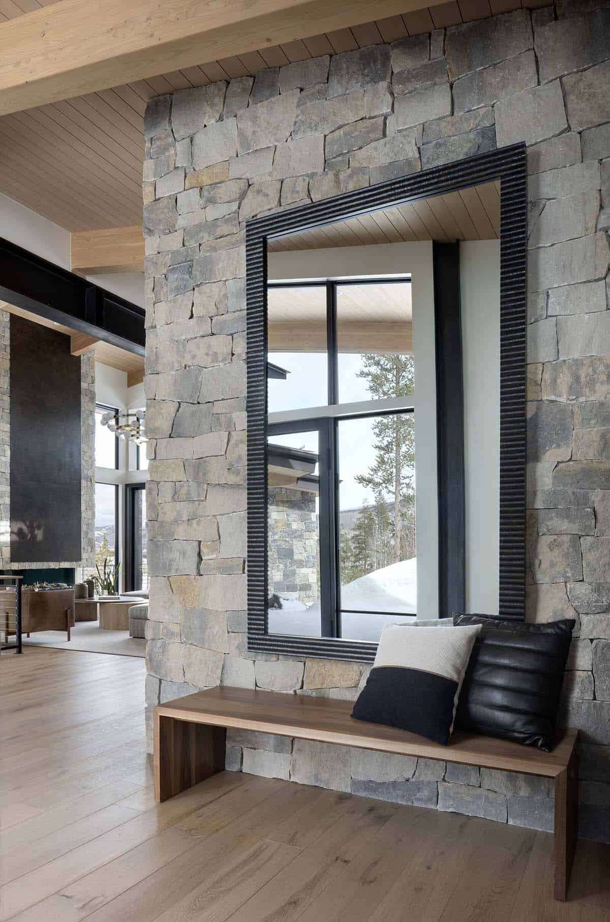 mountain contemporary entry with a bench