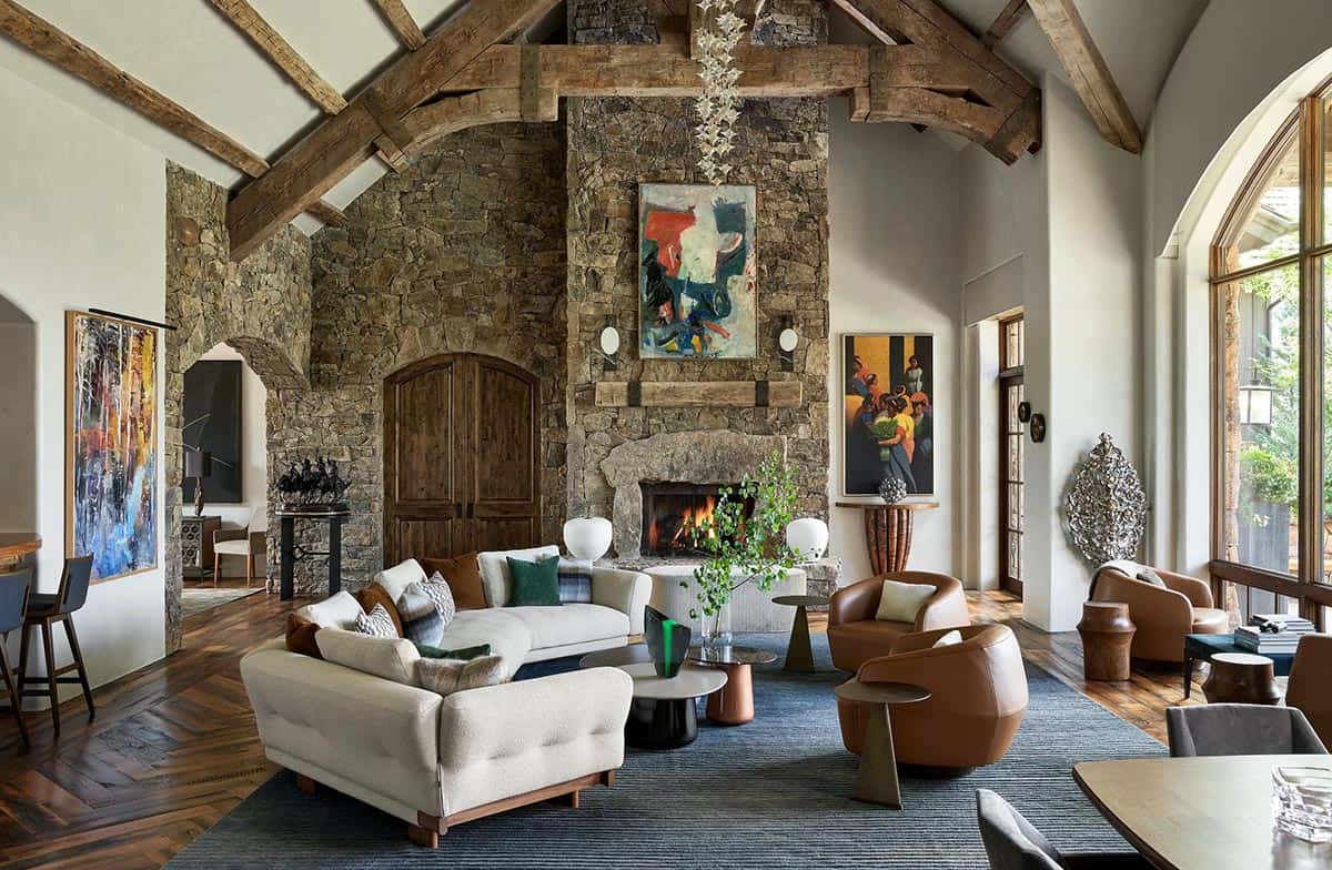 mountain modern living room with a fireplace