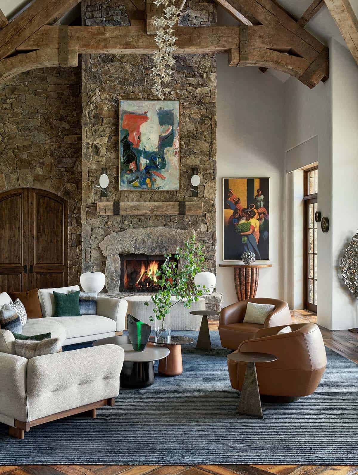 mountain modern living room with a fireplace