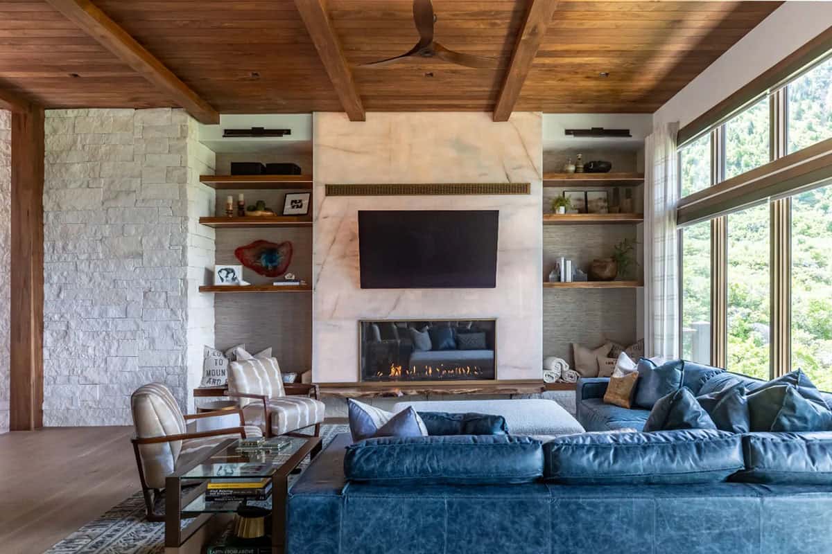 modern living room with a fireplace