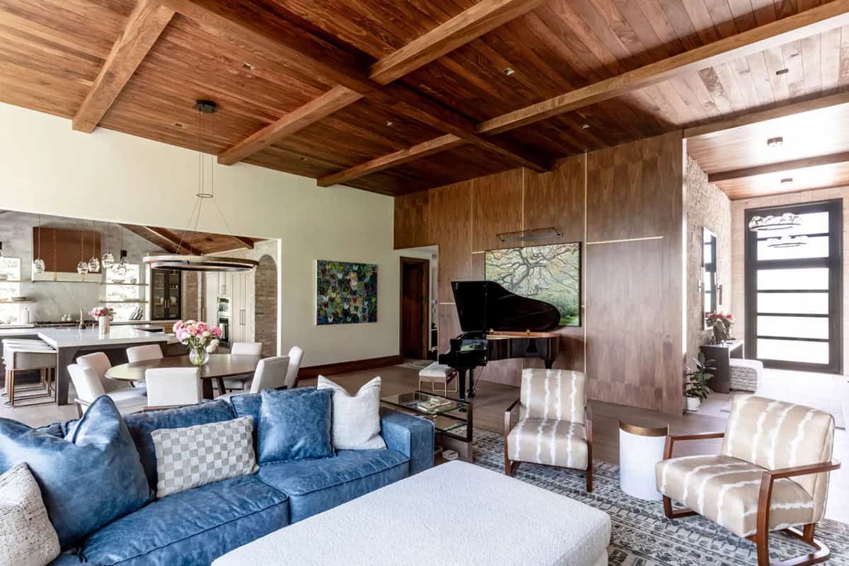 modern living room with a piano