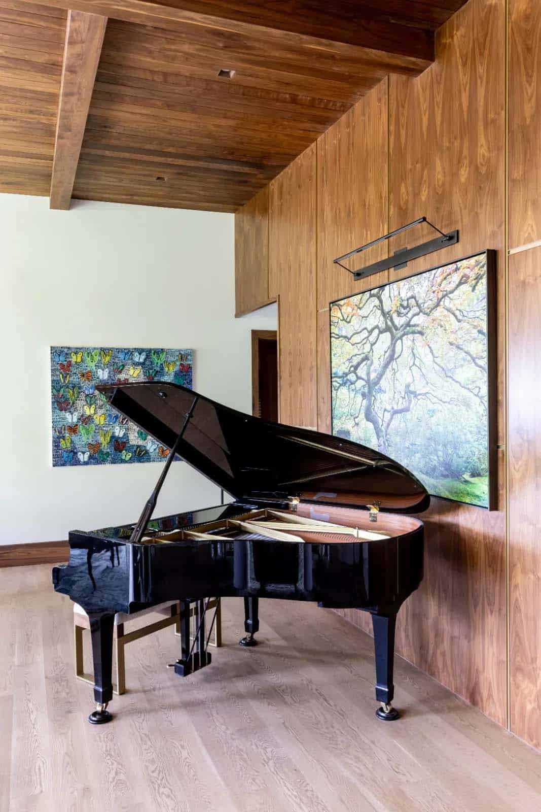 modern living room with a piano