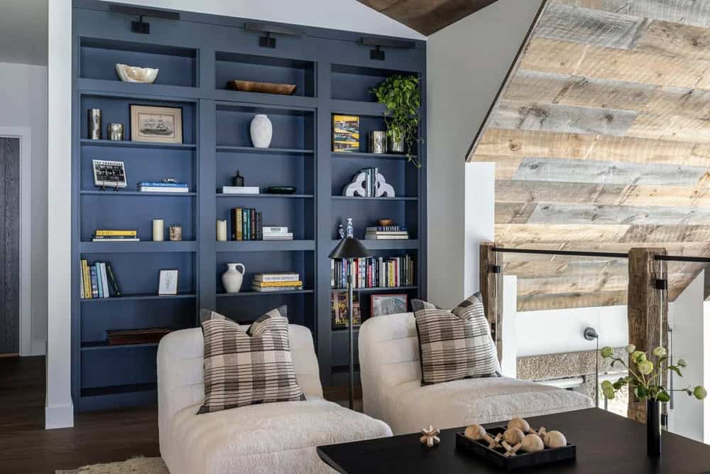 modern home library with a built-in bookcase